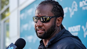 Detroit Lions defensive coordinator Kelvin Sheppard speaks to media members during OTAs at Detroit Lions headquarters and practice facility in Allen Park.