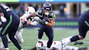 Nov 9, 2025; Seattle, Washington, USA; Seattle Seahawks running back George Holani (36) rushes during the fourth quarter against the Arizona Cardinals at Lumen Field.
