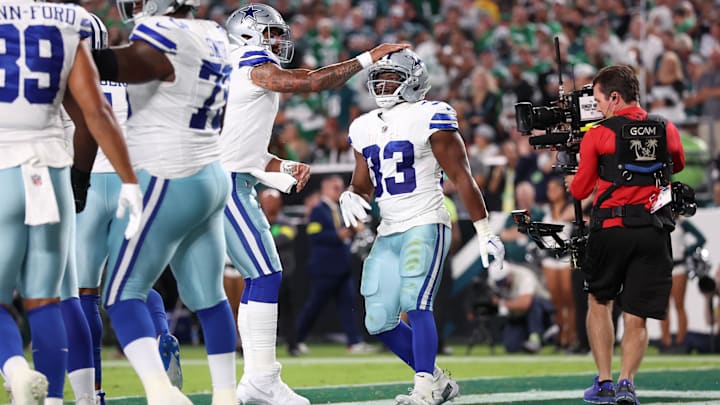 Dallas Cowboys RB Javonte Williams celebrates with his teammates after scoring a touchdown against the Philadelphia Eagles. Dallas Cowboys RB Javonte Williams celebrates with his teammates after scoring a touchdown against the Philadelphia Eagles.