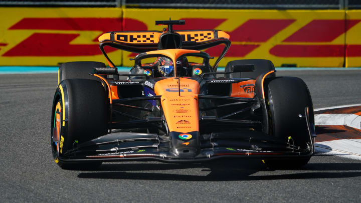 May 3, 2024; Miami Gardens, Florida, USA; McLaren driver Oscar Piastri (81) races out of turn 17 during F1 Sprint Qualifying at Miami International Autodrome. Mandatory Credit: John David Mercer-USA TODAY Sports