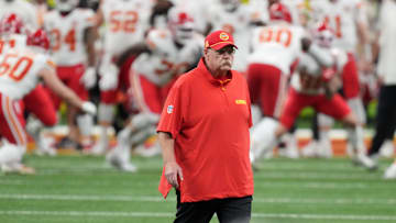 Feb 9, 2025; New Orleans, LA, USA; Kansas City Chiefs head coach Andy Reid before Super Bowl LIX against the Philadelphia Eagles at Caesars Superdome. Mandatory Credit: Kirby Lee-Imagn Images
