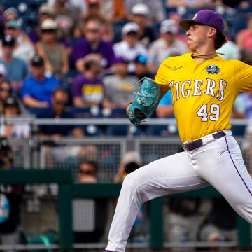 Jun 21, 2023; Omaha, NE, USA; LSU Tigers starting pitcher Javen Coleman (49) throws a pitch against the Wake Forest Demon Deacons during the first inning at Charles Schwab Field Omaha. Mandatory Credit: Dylan Widger-USA TODAY Sports