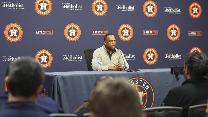 Aug 1, 2023; Houston, Texas, USA; Houston Astros general manager Dana Brown speaks with media before the game against the Cleveland Guardians at Minute Maid Park.