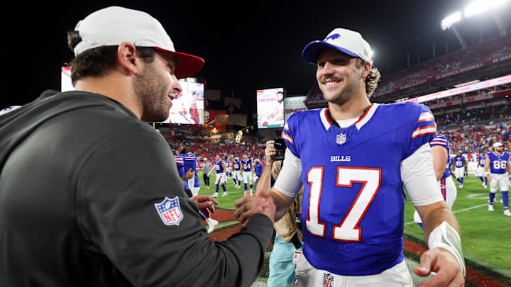 Buffalo Bills quarterback Josh Allen (17) greets Tampa Bay Buccaneers quarterback Baker Mayfield (6) after a preseason game