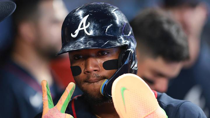 May 19, 2026; Miami, Florida, USA; Atlanta Braves designated hitter Ronald Acuna (13) celebrates after scoring against the Miami Marlins during the fifth inning at loanDepot Park. Mandatory Credit: Sam Navarro-Imagn Images
