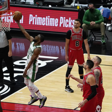 May 7, 2021; Chicago, Illinois, USA; Boston Celtics guard Kemba Walker (8) scores against the Chicago Bulls during the second half at United Center. Mandatory Credit: David Banks-USA TODAY Sports