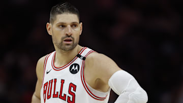 Chicago Bulls center Nikola Vucevic (9) stands on the court during the second half against the Charlotte Hornets at Spectrum Center.