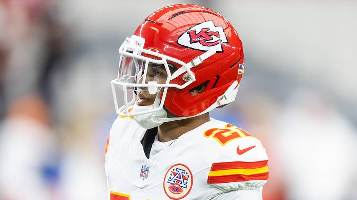 Aug 9, 2025; Glendale, Arizona, USA; Kansas City Chiefs cornerback Trent McDuffie (22) against the Arizona Cardinals during a preseason NFL game at State Farm Stadium. Mandatory Credit: Mark J. Rebilas-Imagn Images