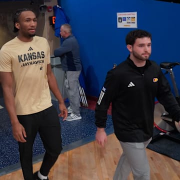 Kansas Jayhawks guard Darryn Peterson (22) walks out of the tunnel before the game against Texas A&M-Corpus Christi Islanders inside Allen Fieldhouse on Nov. 11, 2025.