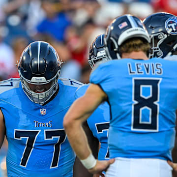 Aug 10, 2024; Nashville, Tennessee, USA;  Tennessee Titans offensive tackle Peter Skoronski (77) huddles up against the San Francisco 49ers during the first half at Nissan Stadium. Mandatory Credit: Steve Roberts-Imagn Images