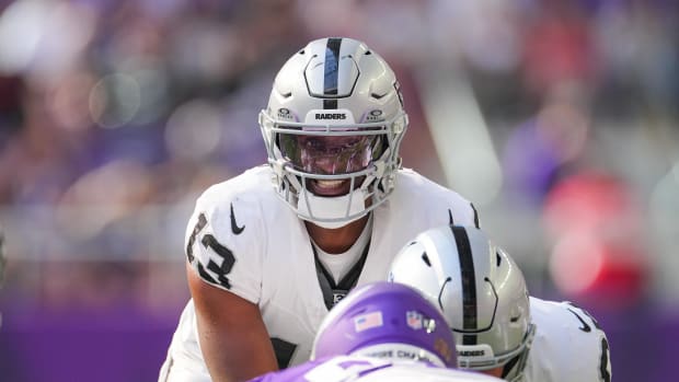 Aug 10, 2024; Minneapolis, Minnesota, USA; Las Vegas Raiders quarterback Anthony Brown Jr. (13) under center against Minne