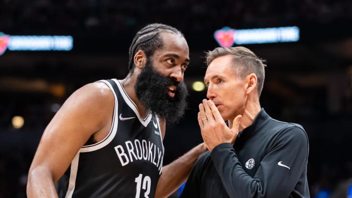 Nov 7, 2021; Toronto, Ontario, CAN; Brooklyn Nets guard James Harden (13) talks to head coach Steve Nash at an NBA game against the Toronto Raptors at Scotiabank Arena. Mandatory Credit: Kevin Sousa-USA TODAY Sports