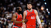 Apr 21, 2025; Denver, Colorado, USA; Los Angeles Clippers guard James Harden (1) and center Ivica Zubac (40) in the third quarter against the Denver Nuggets during game two of first round for the 2025 NBA Playoffs at Ball Arena. Mandatory Credit: Isaiah J. Downing-Imagn Images