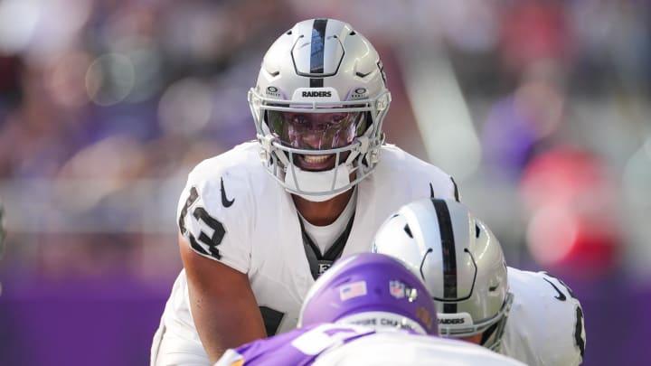 Aug 10, 2024; Minneapolis, Minnesota, USA; Las Vegas Raiders quarterback Anthony Brown Jr. (13) under center against the Minnesota Vikings in the fourth quarter at U.S. Bank Stadium. Mandatory Credit: Brad Rempel-USA TODAY Sports