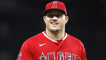 Sep 20, 2022; Arlington, Texas, USA;  Los Angeles Angels center fielder Mike Trout (27) walks off
