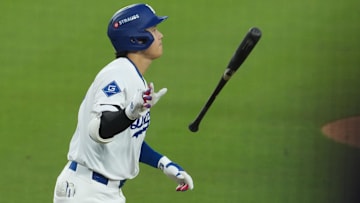 Oct 27, 2025; Los Angeles, California, USA; Los Angeles Dodgers designated hitter Shohei Ohtani (17) hits a home run during the third inning against the Toronto Blue Jays in game three of the 2025 MLB World Series at Dodger Stadium. Mandatory Credit: Kirby Lee-Imagn Images