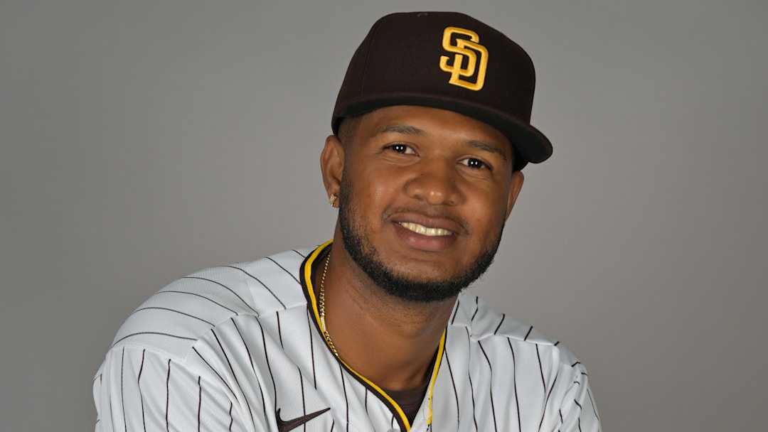 Feb 18, 2026; Peoria, AZ, USA;    San Diego Padres pitcher Daison Acosta (63) during spring training photo day. Mandatory Credit: Jayne Kamin-Oncea-Imagn Images