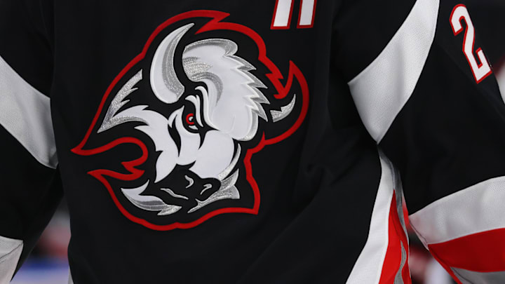 Dec 4, 2022; Buffalo, New York, USA;  A general view of the Buffalo Sabres logo on a jersey worn by a player during a game against the San Jose Sharks at KeyBank Center. Mandatory Credit: Timothy T. Ludwig-Imagn Images