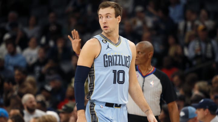 Feb 15, 2023; Memphis, Tennessee, USA; Memphis Grizzlies guard Luke Kennard (10) checks into the game during the first half against the Utah Jazz at FedExForum. Mandatory Credit: Petre Thomas-USA TODAY Sports