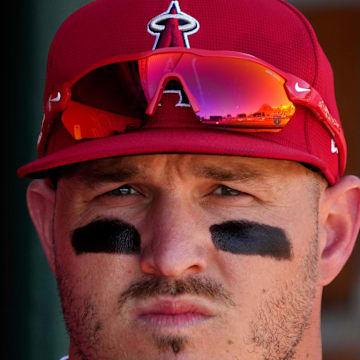 March 9, 2025; Tempe, Arizona, USA; Los Angeles Angels outfielder Mike Trout (27) gets ready for a game against the Cincinnati Reds at Tempe Diablo Stadium. Mandatory Credit: Rick Scuteri-Imagn Images