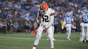 Aug 8, 2025; Charlotte, North Carolina, USA; Cleveland Browns quarterback Shedeur Sanders (12) celebrates his touchdown pass against the Carolina Panthers during the second quarter at Bank of America Stadium. Mandatory Credit: Jim Dedmon-Imagn Images