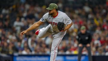 May 20, 2023; San Diego, California, USA; Boston Red Sox relief pitcher Kenley Jansen (74)  throws a pitch during the ninth inning against the San Diego Padres at Petco Park. Mandatory Credit: David Frerker-USA TODAY Sports