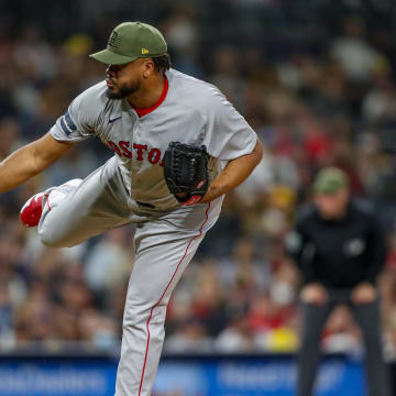 May 20, 2023; San Diego, California, USA; Boston Red Sox relief pitcher Kenley Jansen (74)  throws a pitch during the ninth inning against the San Diego Padres at Petco Park. Mandatory Credit: David Frerker-USA TODAY Sports