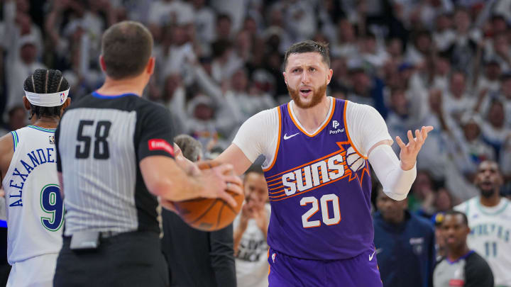 Apr 23, 2024; Minneapolis, Minnesota, USA; Phoenix Suns center Jusuf Nurkic (20) argues a call against the Minnesota Timberwolves in the fourth quarter during game two of the first round for the 2024 NBA playoffs at Target Center. Mandatory Credit: Brad Rempel-USA TODAY Sports