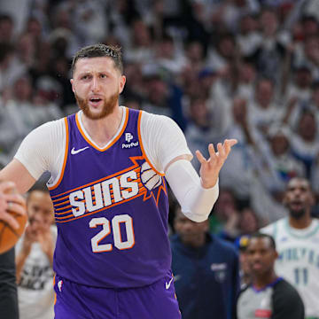 Apr 23, 2024; Minneapolis, Minnesota, USA; Phoenix Suns center Jusuf Nurkic (20) argues a call against the Minnesota Timberwolves in the fourth quarter during game two of the first round for the 2024 NBA playoffs at Target Center. Mandatory Credit: Brad Rempel-Imagn Images