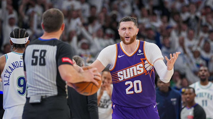 Apr 23, 2024; Minneapolis, Minnesota, USA; Phoenix Suns center Jusuf Nurkic (20) argues a call against the Minnesota Timberwolves in the fourth quarter during game two of the first round for the 2024 NBA playoffs at Target Center. Mandatory Credit: Brad Rempel-Imagn Images