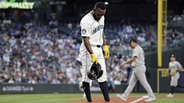 Sep 18, 2024; Seattle, Washington, USA; Seattle Mariners left fielder Randy Arozarena (56) reacts after striking out during the first inning against the New York Yankees at T-Mobile Park. Mandatory Credit: John Froschauer-Imagn Images