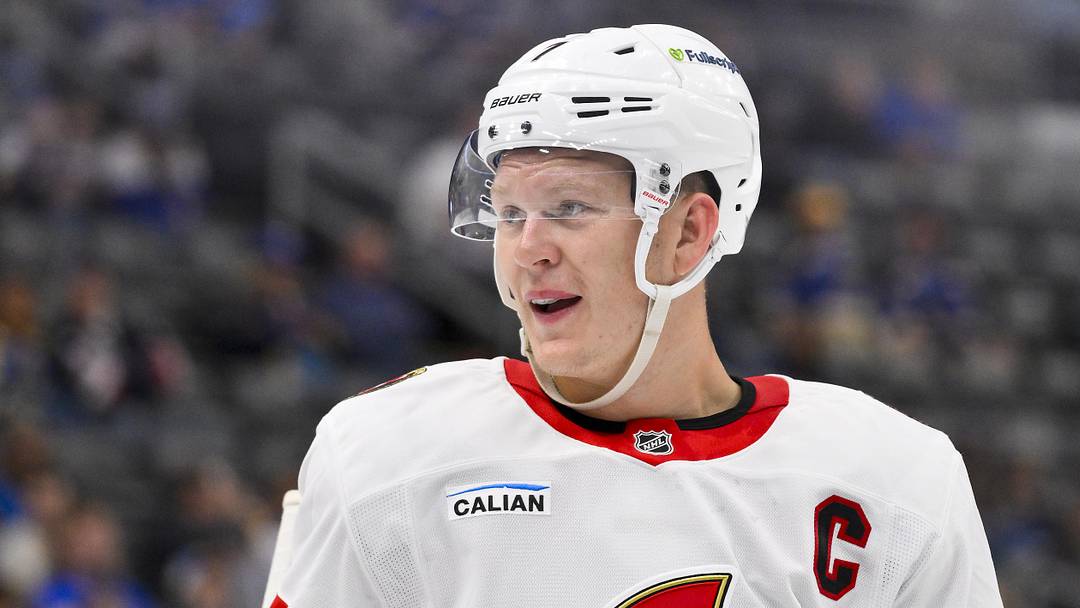 Oct 2, 2025; St. Louis, Missouri, USA; Ottawa Senators left wing Brady Tkachuk (7) looks on during the third period against the St. Louis Blues at Enterprise Center. Mandatory Credit: Jeff Curry-Imagn Images