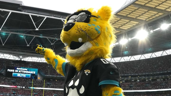 Oct 1, 2023; London, United Kingdom; Jacksonville Jaguars mascot Jaxson de Ville gestures during an NFL International Series game against the Atlanta Falcons at Wembley Stadium. 