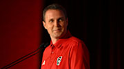 Oct 8, 2025; Charlotte, NC, USA; NC State head coach Will Wade answers questions from the media at The Hilton Charlotte Uptown. Mandatory Credit: William Howard-Imagn Images