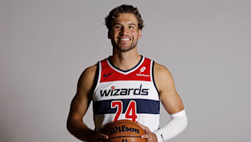 Sep 29, 2025; Washington, DC, USA; Washington Wizards forward Corey Kispert (24) poses for a portrait during Wizards Media Day at CareFirst Arena.  Mandatory Credit: Geoff Burke-Imagn Images