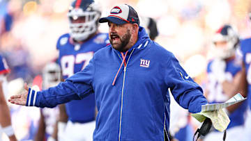 New York Giants head coach Brian Daboll reacts to an offensive pass interference call negating a Giants touchdown during the second half against the Washington Commanders at MetLife Stadium.