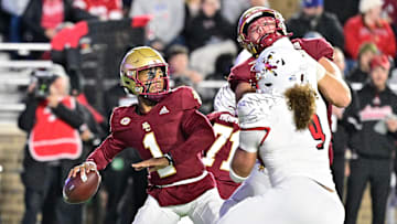 Oct 25, 2024; Chestnut Hill, Massachusetts, USA; Boston College Eagles quarterback Thomas Castellanos (1) passes the ball against the Louisville Cardinals during the first half at Alumni Stadium. Mandatory Credit: Eric Canha-Imagn Images