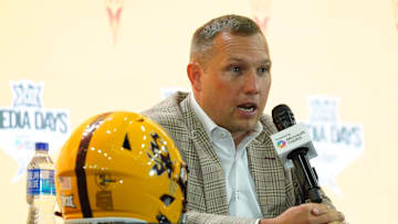 Jul 8, 2025; Frisco, TX, USA; Arizona State head coach Kenny Dillingham addresses the media during 2025 Big 12 Football Media Days at The Star. 