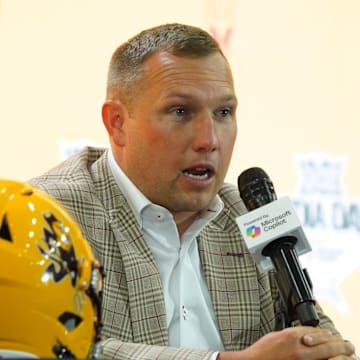 Jul 8, 2025; Frisco, TX, USA; Arizona State head coach Kenny Dillingham addresses the media during 2025 Big 12 Football Media Days at The Star. Mandatory Credit: Raymond Carlin III-Imagn Images