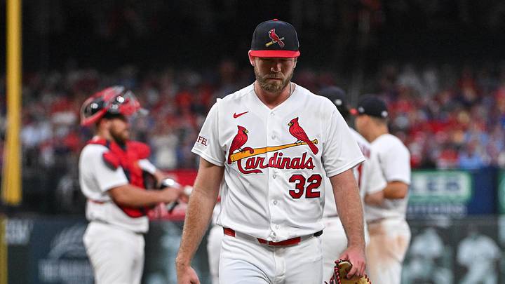 May 31, 2026; St. Louis, Missouri, USA; St. Louis Cardinals starting pitcher Matthew Liberatore (32) walks off the field after he was removed from the game against the Chicago Cubs during the sixth inning at Busch Stadium. Mandatory Credit: Jeff Curry-Imagn Images