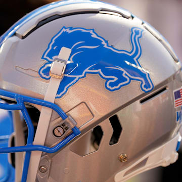 Aug 17, 2024; Kansas City, Missouri, USA; A general view of a Detroit Lions helmet during the second half of the game against the Kansas City Chiefs at GEHA Field at Arrowhead Stadium. Mandatory Credit: Denny Medley-Imagn Images