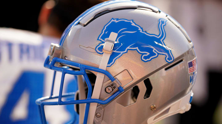 Aug 17, 2024; Kansas City, Missouri, USA; A general view of a Detroit Lions helmet during the second half of the game against the Kansas City Chiefs at GEHA Field at Arrowhead Stadium. Mandatory Credit: Denny Medley-Imagn Images