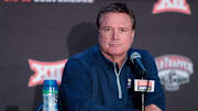 Oct 19, 2022; Kansas City, Missouri, US; Kansas Jayhawks coach Bill Self is interviewed during the mens Big 12 Basketball Tipoff media day at T-Mobile Center. Mandatory Credit: William Purnell-Imagn Images