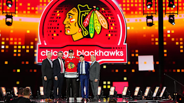 Jun 28, 2024; Las Vegas, Nevada, USA; Sacha Boisvert is selected by the Chicago Blackhawks with the 18th overall pick in the first round of the 2024 NHL Draft at The Sphere. Mandatory Credit: Stephen R. Sylvanie-Imagn Images