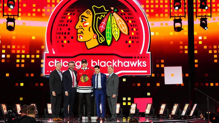 Jun 28, 2024; Las Vegas, Nevada, USA; Sacha Boisvert is selected by the Chicago Blackhawks with the 18th overall pick in the first round of the 2024 NHL Draft at The Sphere. Mandatory Credit: Stephen R. Sylvanie-Imagn Images