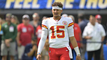 Sep 29, 2024; Inglewood, California, USA;  Kansas City Chiefs quarterback Patrick Mahomes (15) warms up prior to the game against the Los Angeles Chargers at SoFi Stadium. Mandatory Credit: Jayne Kamin-Oncea-Imagn Images