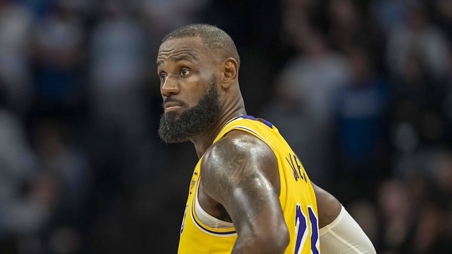Los Angeles Lakers forward LeBron James looks on during a playoff game. | Jesse Johnson-Imagn Images