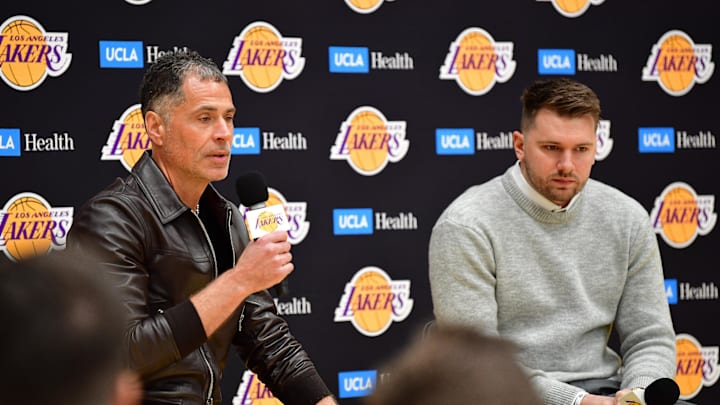 Los Angeles Lakers vice president of basketball operations and general manager Rob Pelinka speaks at the press conference introducing Luka Doncic.