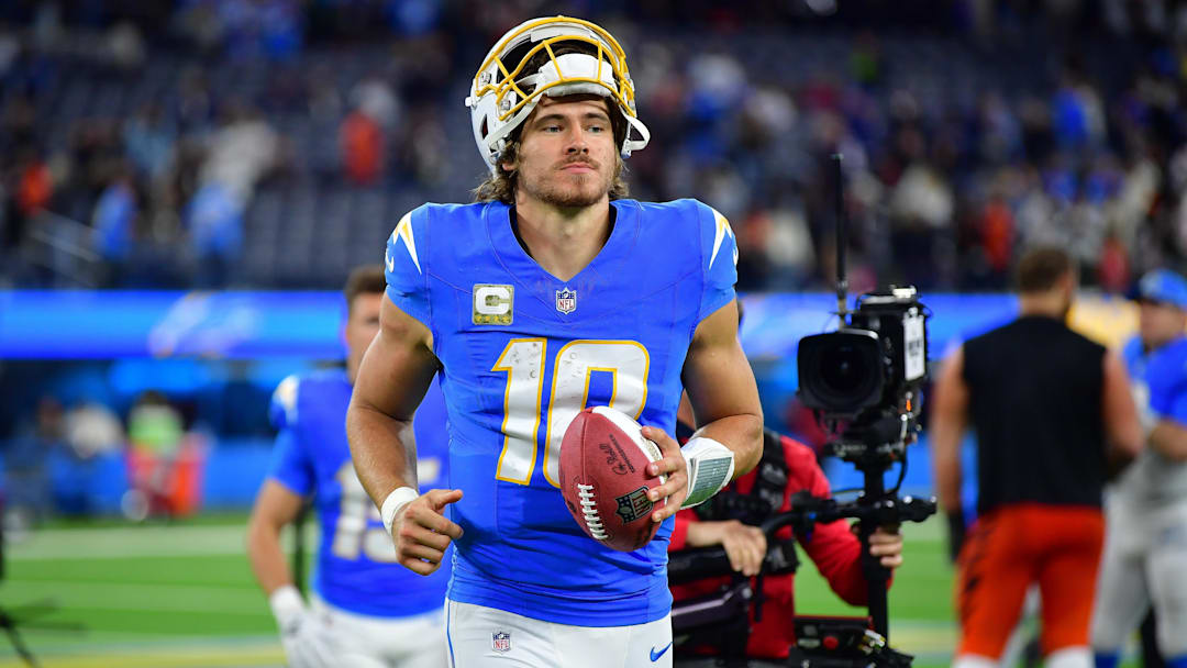 Nov 17, 2024; Inglewood, California, USA; Los Angeles Chargers quarterback Justin Herbert (10) following the victory against the Cincinnati Bengals at SoFi Stadium. Mandatory Credit: Gary A. Vasquez-Imagn Images