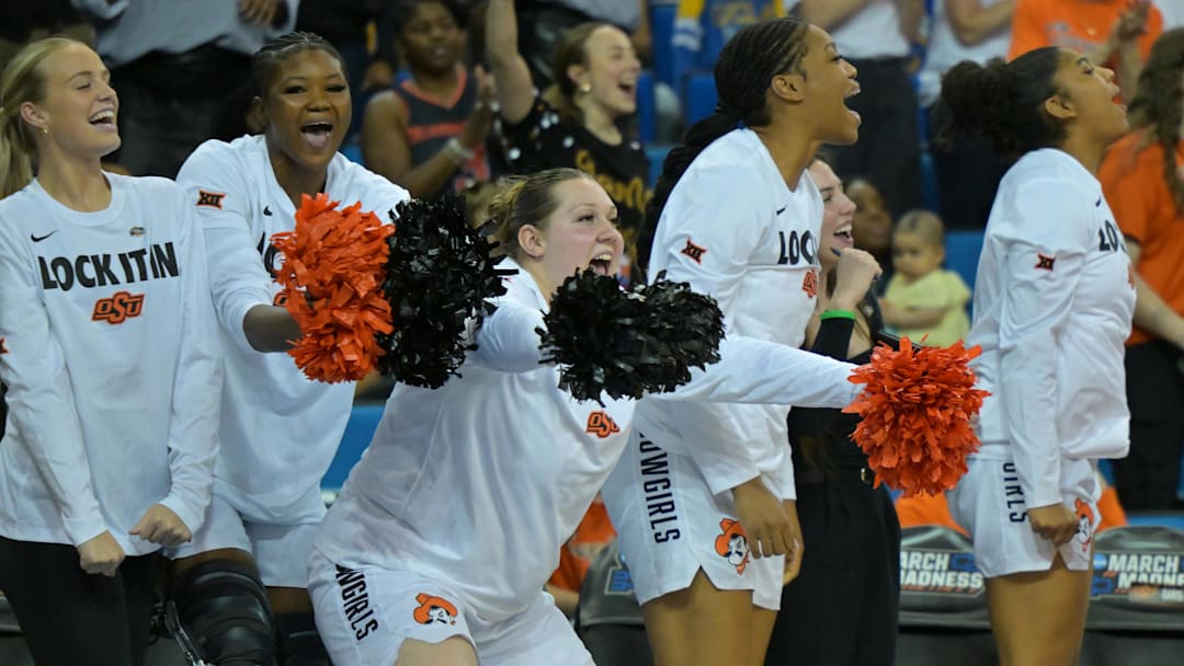 Mar 21, 2026; Los Angeles, CA, USA; Oklahoma State Cowboys reacts in the second half against the Princeton Tigers at Pauley Pavilion. Mandatory Credit: Jayne Kamin-Oncea-Imagn Images